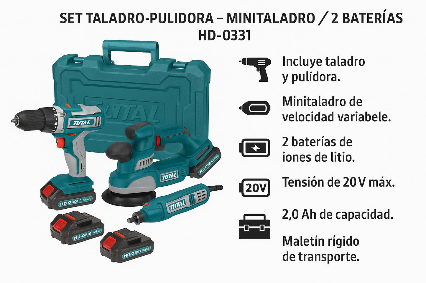 SET TALADRO-PULIDORA - MINITALADRO / 2 BATERIAS HD-0331