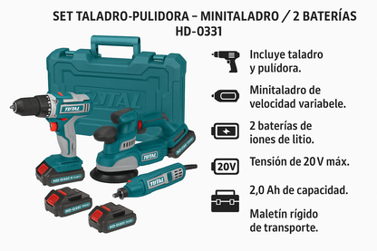 SET TALADRO-PULIDORA - MINITALADRO / 2 BATERIAS HD-0331