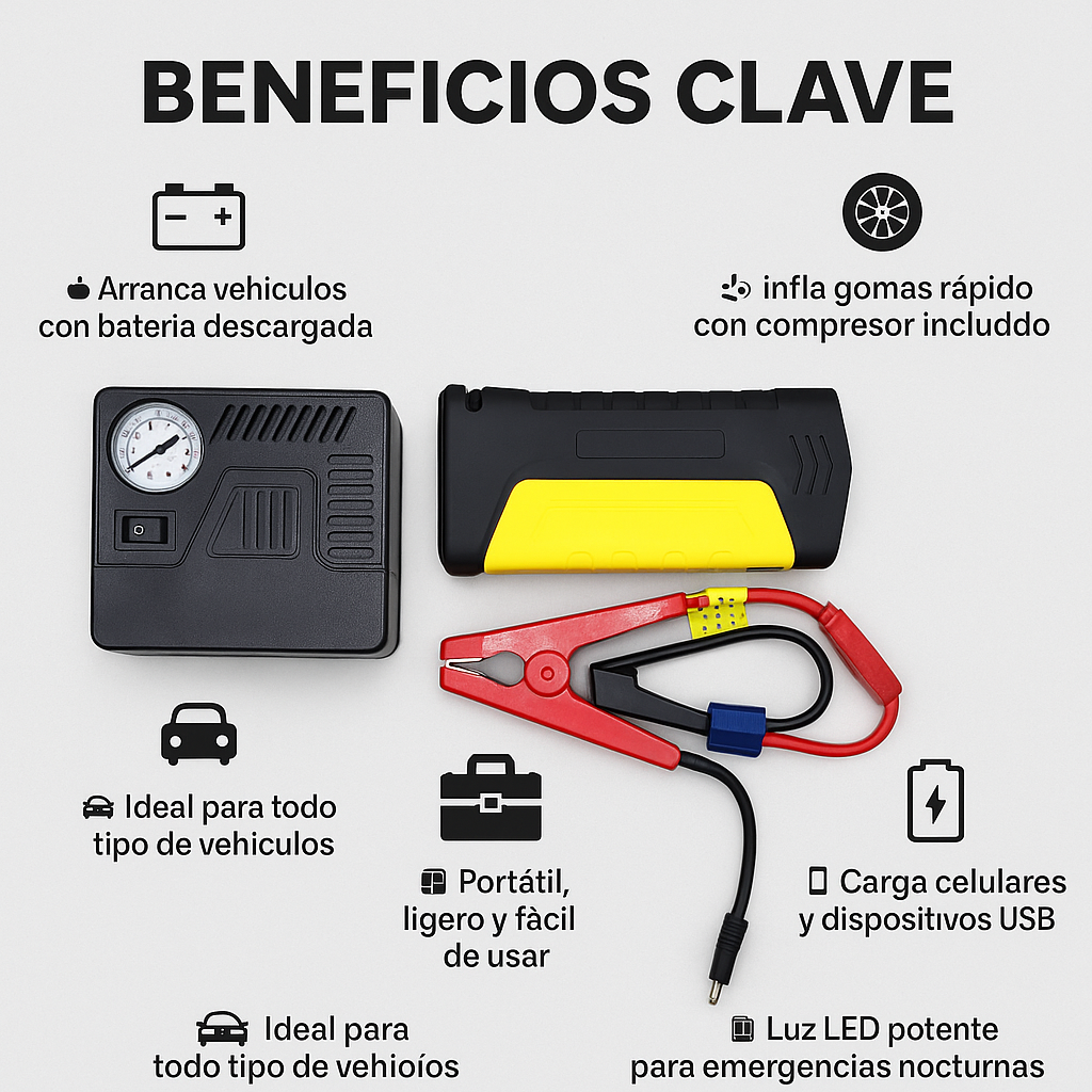 JUMPER DE VEHICULO TM15 + BOMBA DE AIRE KIT TODO EN UNO AutoRescue Pro